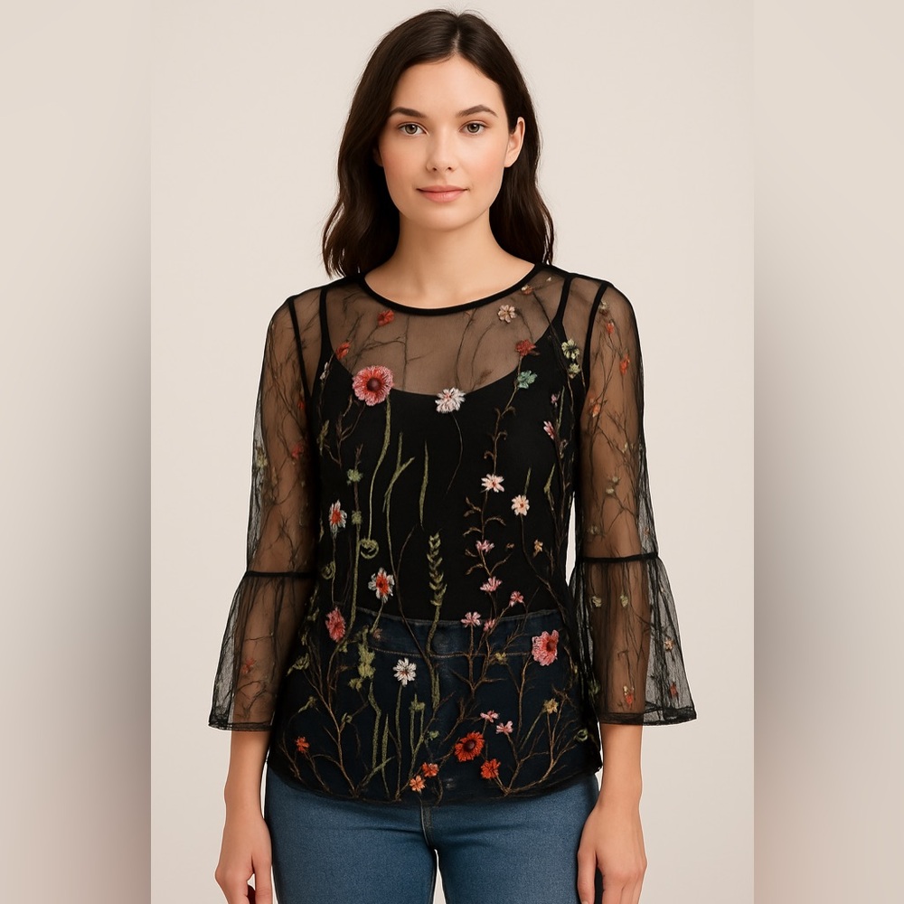Fun Sport Sheer Embroidered Mesh Top - Women’s Large